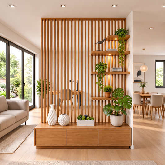 Modena | Slatted Room Divider with Display Shelves & Storage