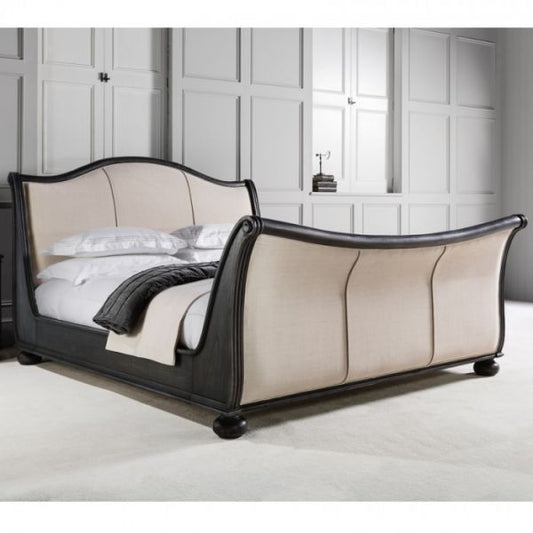 The Ebony Luxury Sleigh Bed | Dark Wood | Upholstered in Linen