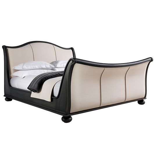 The Ebony Luxury Sleigh Bed | Dark Wood | Upholstered in Linen