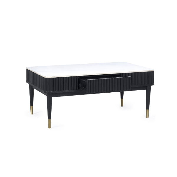 Louis Black Fluted Stone Top Coffee Table With 2 Drawers