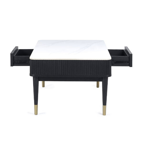 Louis Black Fluted Stone Top Coffee Table With 2 Drawers