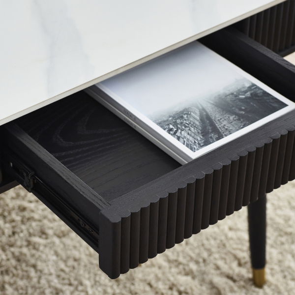 Louis Black Fluted Stone Top Coffee Table With 2 Drawers