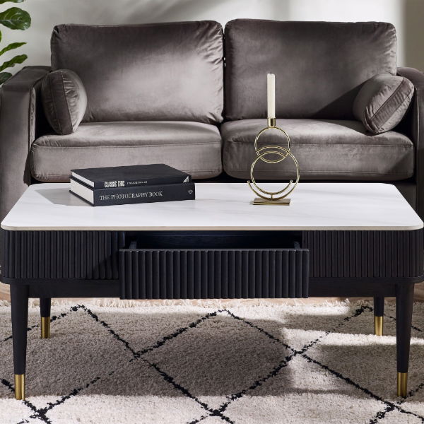 Louis Black Fluted Stone Top Coffee Table With 2 Drawers