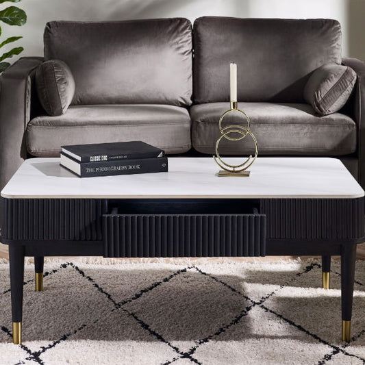 Louis Black Fluted Stone Top Coffee Table With 2 Drawers