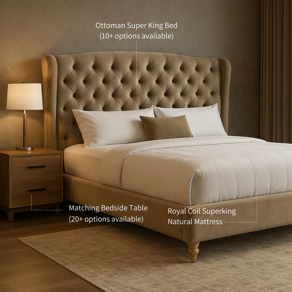 Beige upholstered bed with matching bedside table in a bedroom setting